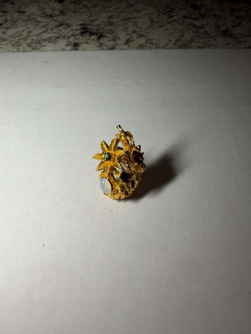 Vintage Gold Tone Floral Cluster Ring with Multi Gemstones